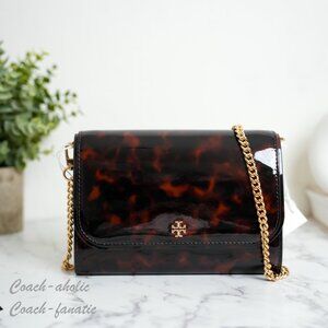 NWT Tory Burch Emerson Tortoise Patent Leather Chain Wallet 165943